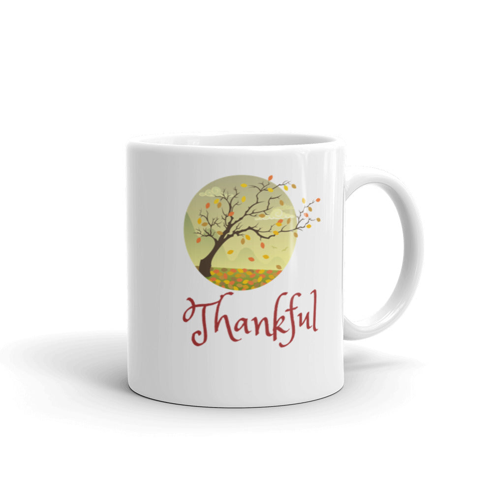 white glossy thankful mug